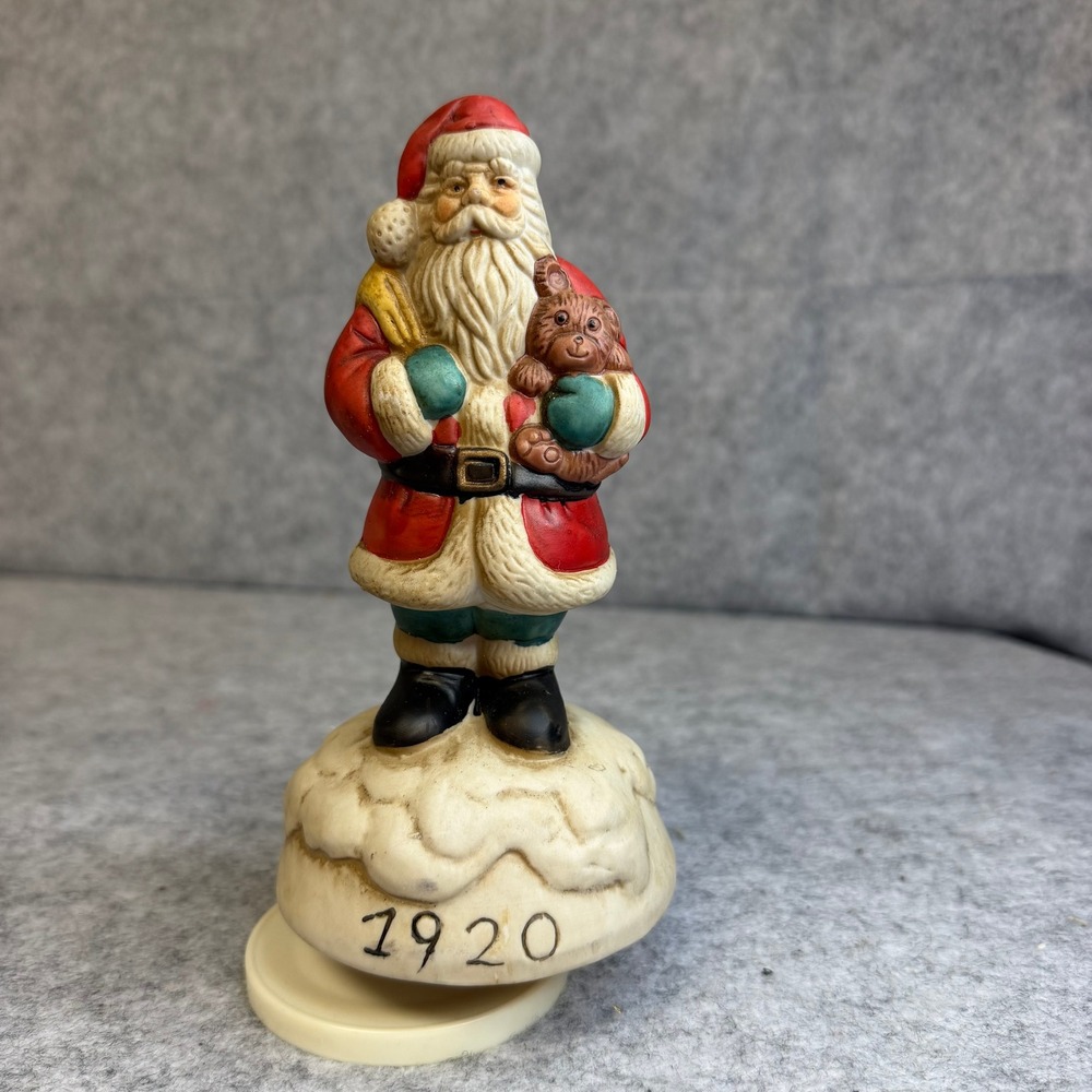 Vintage 1920 Santa Claus Music Box Figurine Holding Teddy Bear 7 Inch